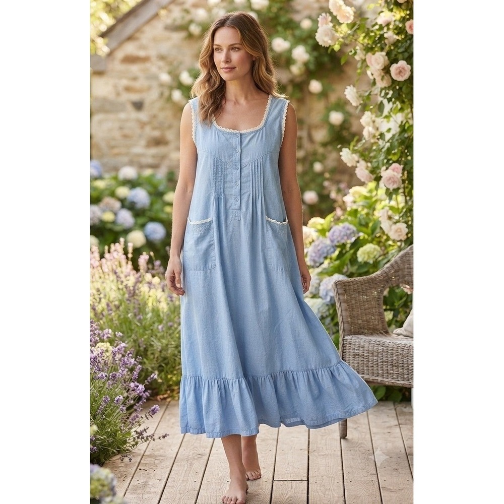 Phases Vintage Cotton Lace Trim Pintuck Prairie Midi Dress Cottagecore Blue Sz L